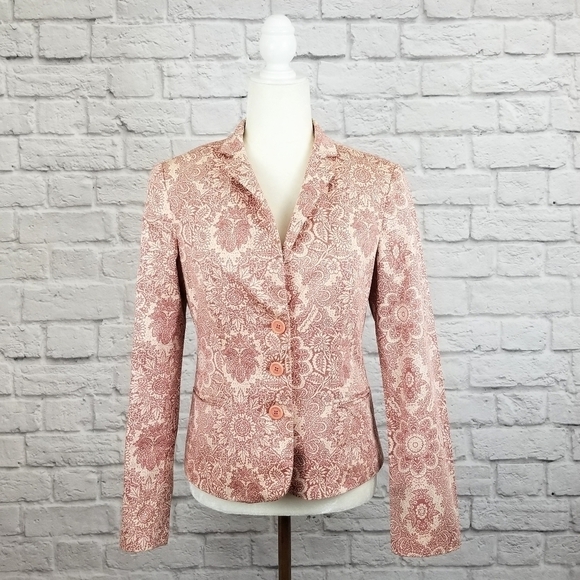 Moschino Jeans cream red floral paisley 3 button front blazer women's size 10 - Picture 2 of 9